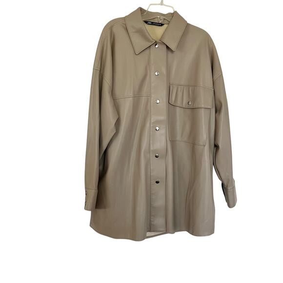 Zara Tan Faux Leather Button Front Collared Shacket Shirt Jacket Size XL - Picture 1 of 10